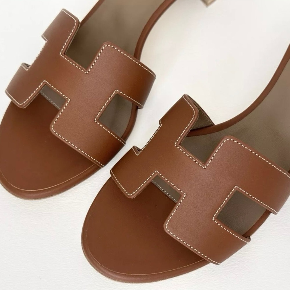 HERMES H OASIS SANDALS IN GOLD BROWN LEATHER SHOES MULES SLIDES HEELS 38 - Picture 6 of 15